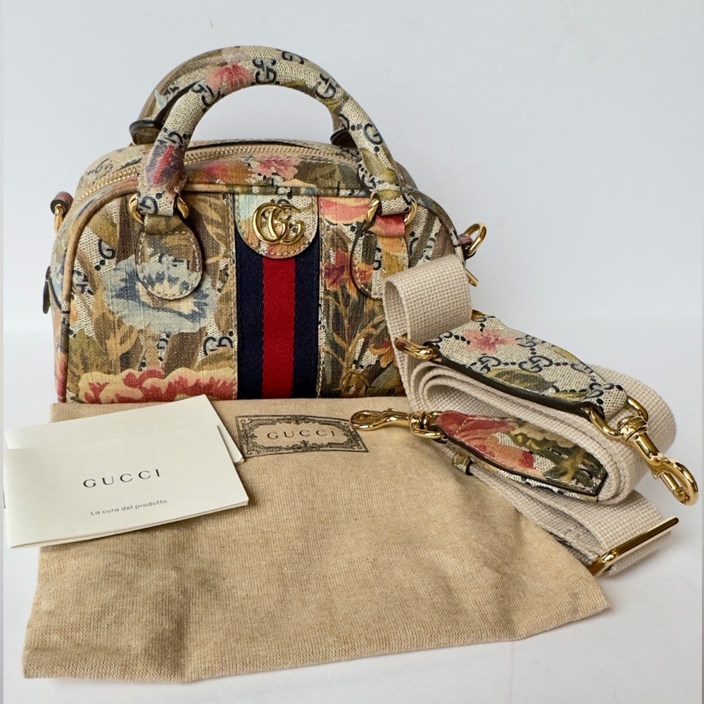 Gucci GG Supreme Monogram Water Flora Web Mini Ophidia Top handle bag. NEW